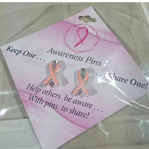 2 Breast Cancer Awareness Pink Ribbon Tac Pins on Card Set of 2 (4 pins) - Picture 2 of 3